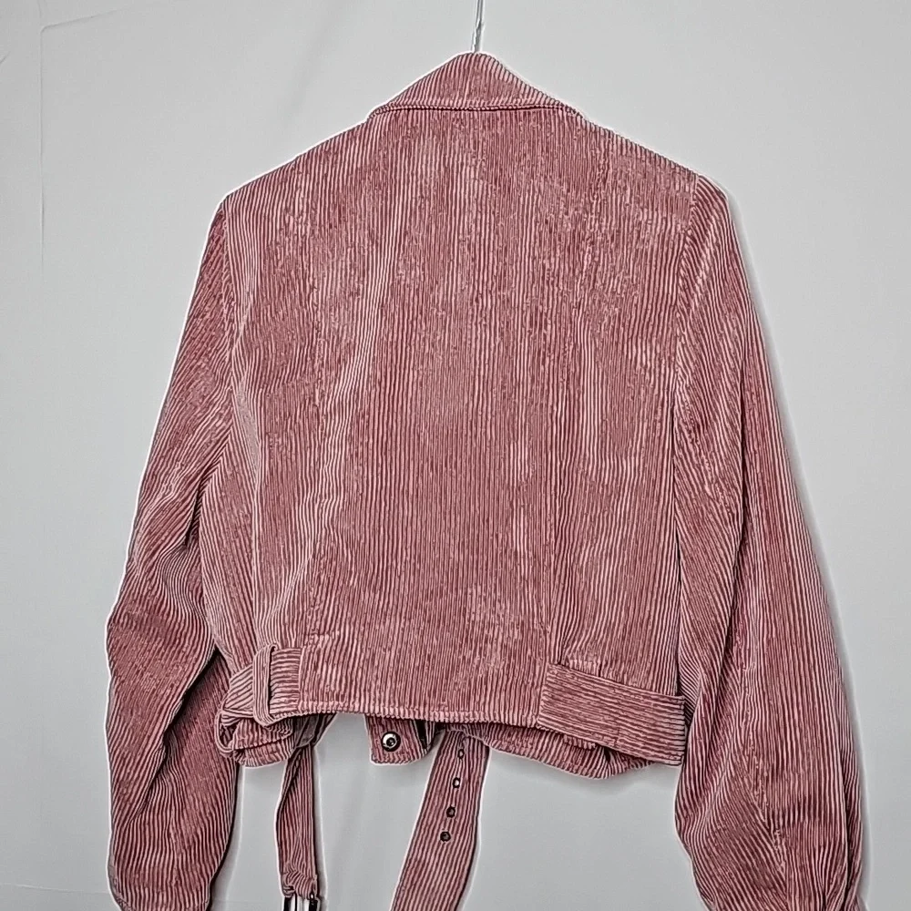 K. Zell Paris cropped crop corduroy moto pink zip up belted jacket sz Small